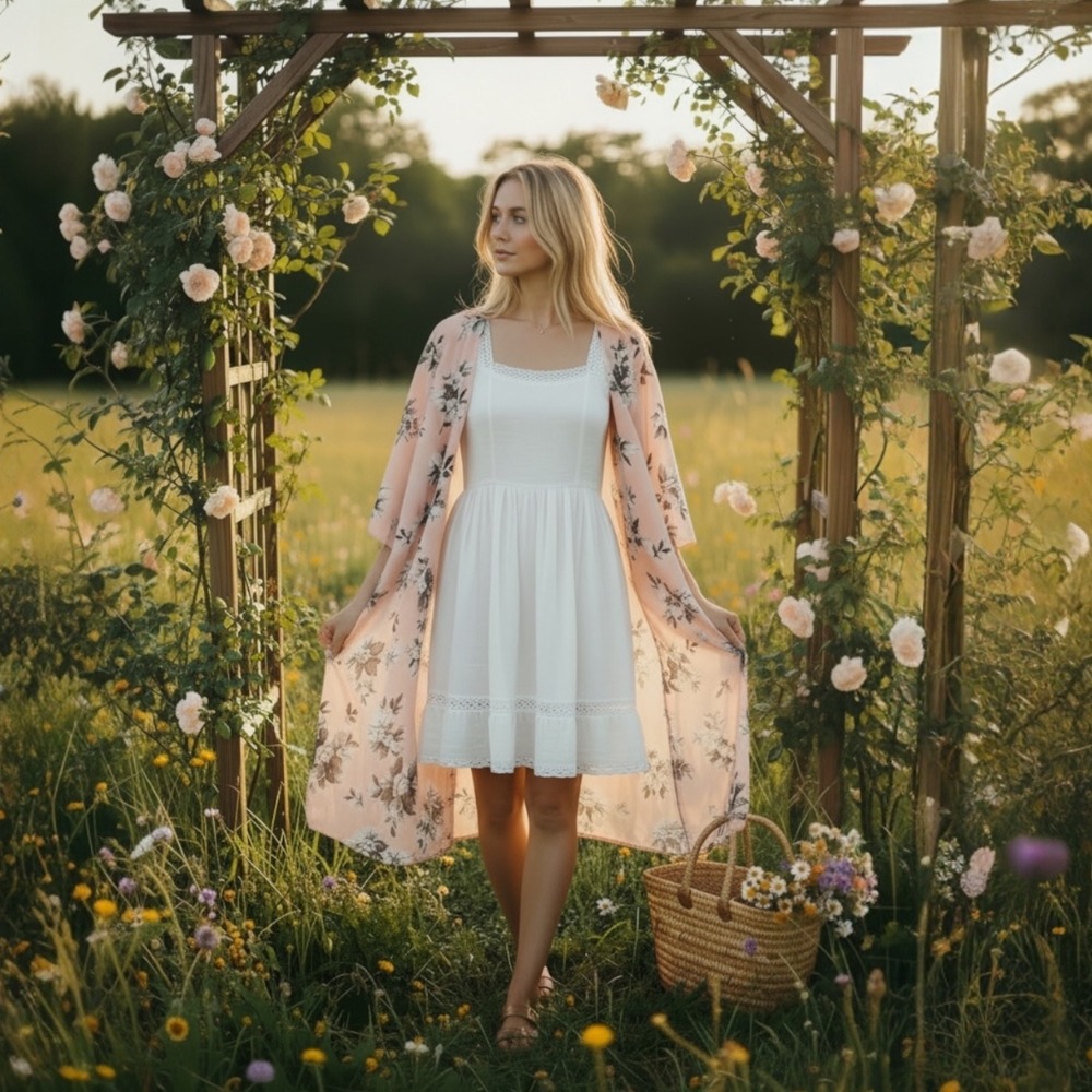 Pink Blush Floral Print Kimono Open Front Pink Blue Medium‎ Bohemian